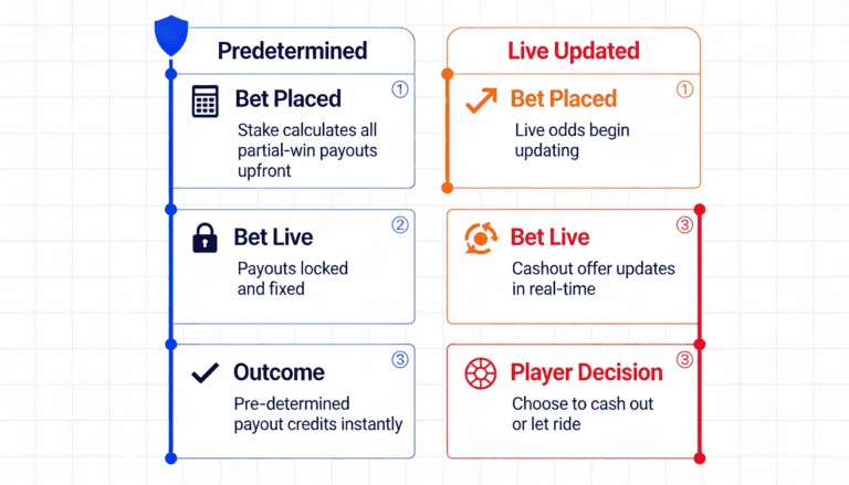 Shield vs Cashout timeline showing Shield has fixed payouts determined upfront while Cashout updates payouts in real-time