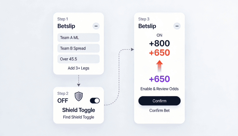 Four-step process to activate Stake Shield on betslip: add legs, locate toggle, enable Shield, confirm bet
