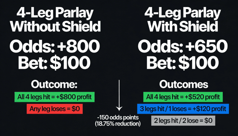 4-leg parlay odds comparison showing Shield reduces odds by 150 points but provides partial payouts for incomplete parlays