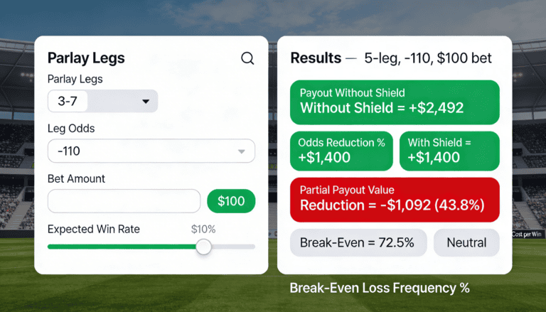 Shield payout calculator showing inputs and outputs for comparing parlay payouts with and without Shield activation