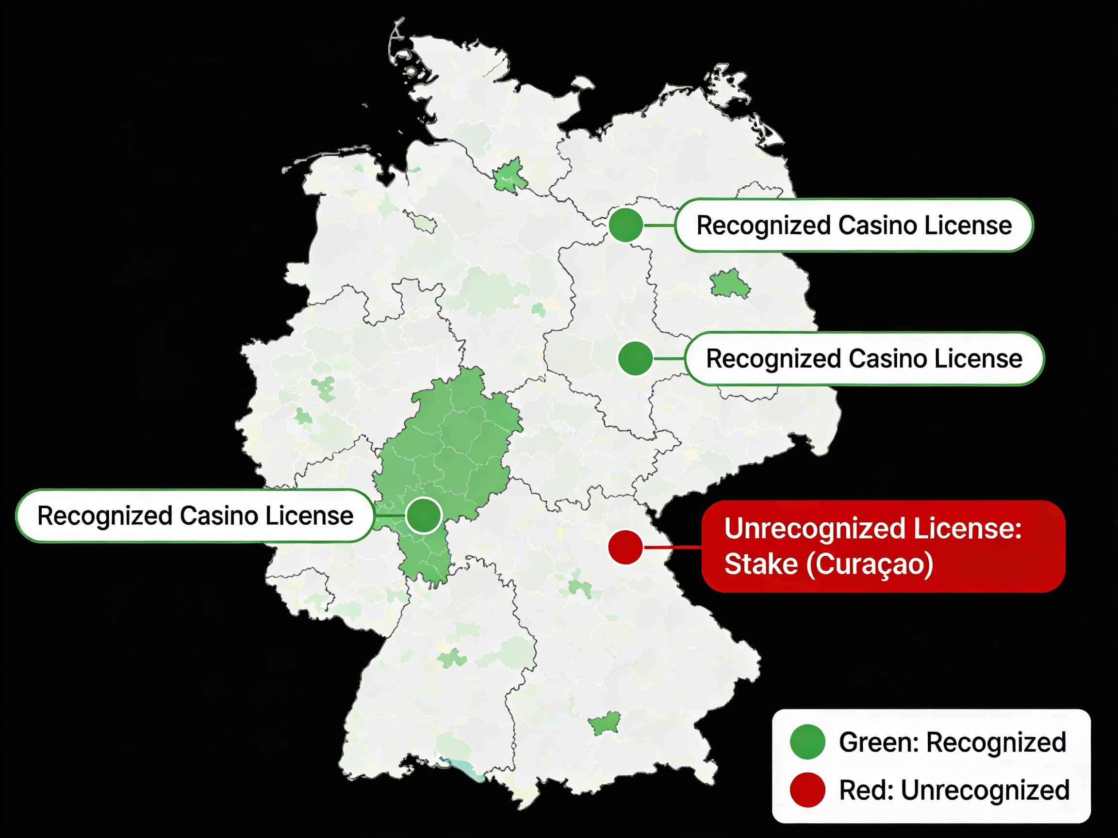 Showing Germany GlüStV 2021 licensing map with recognized casino licenses highlighted and Stake's Curaçao license mar…
