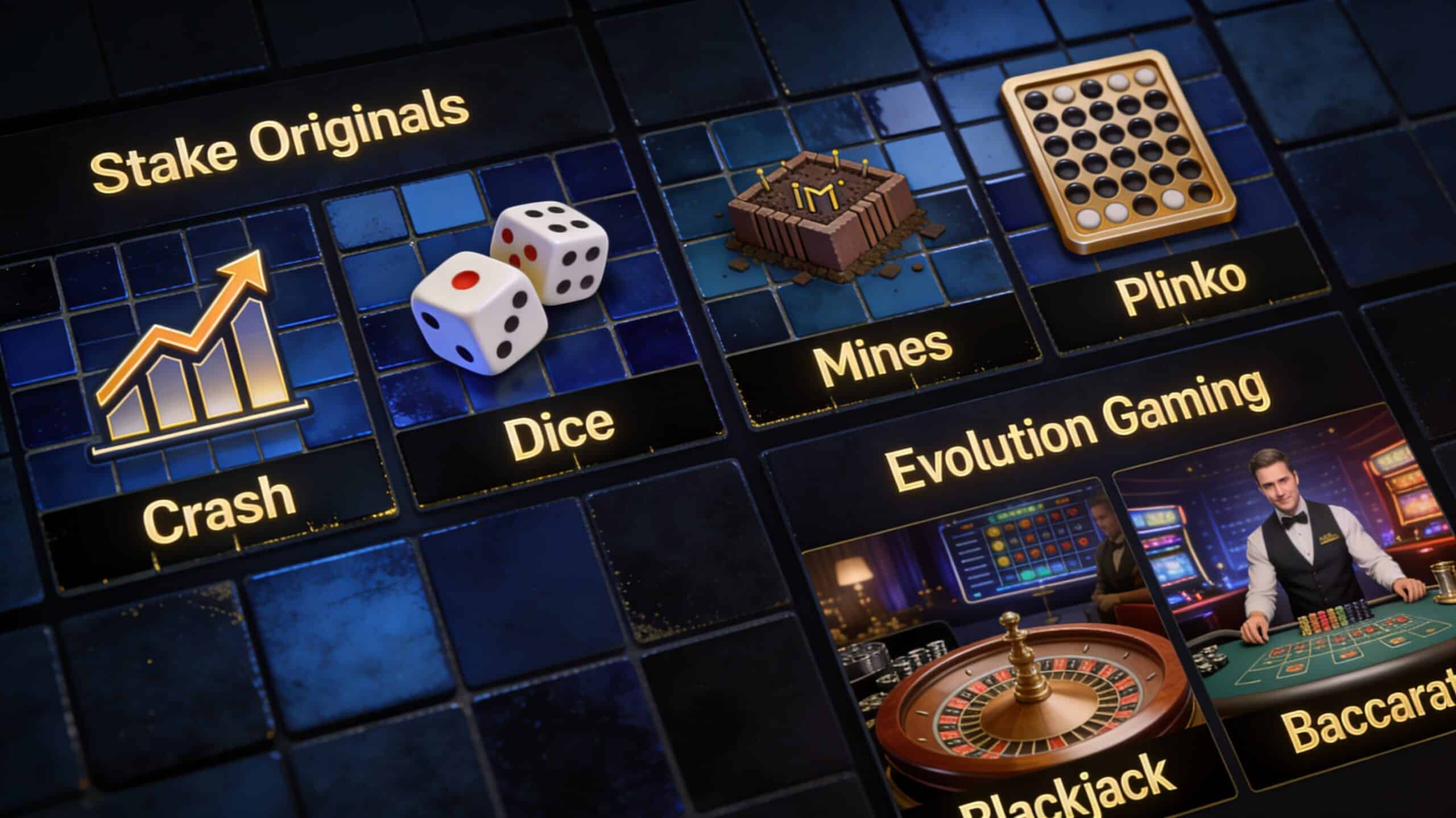 Game library mosaic showing Stake Originals (Crash, Dice, Mines, Plinko) alongside Evolution Gaming live tables on da…
