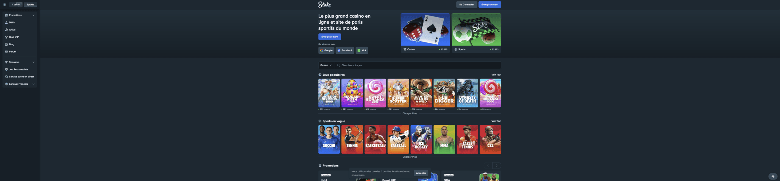 Page d'accueil Stake Casino 2026 — Interface principale et verdict rapide