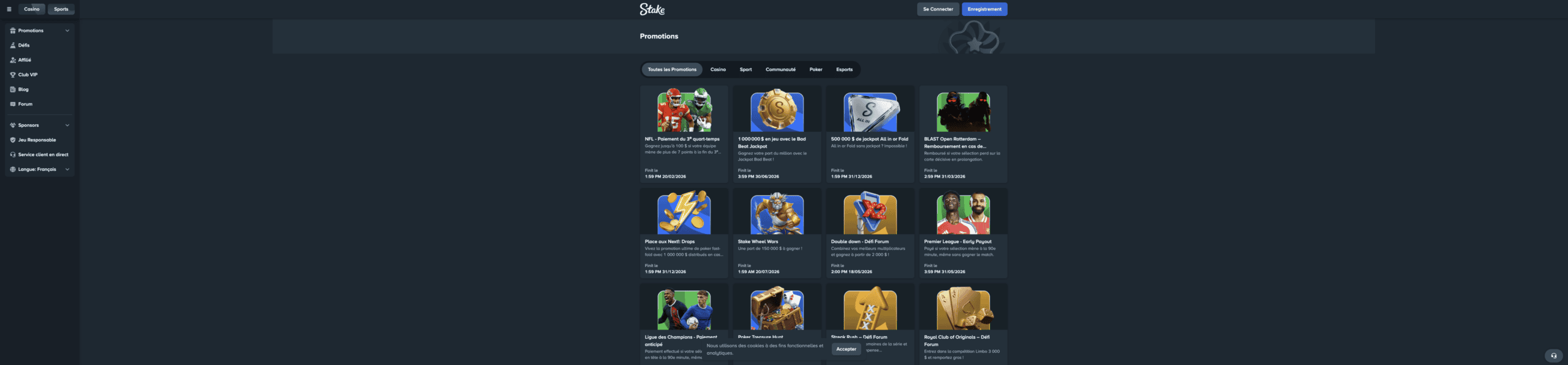 Page promotions Stake Casino 2026 — Bonus et recharges hebdomadaires actifs
