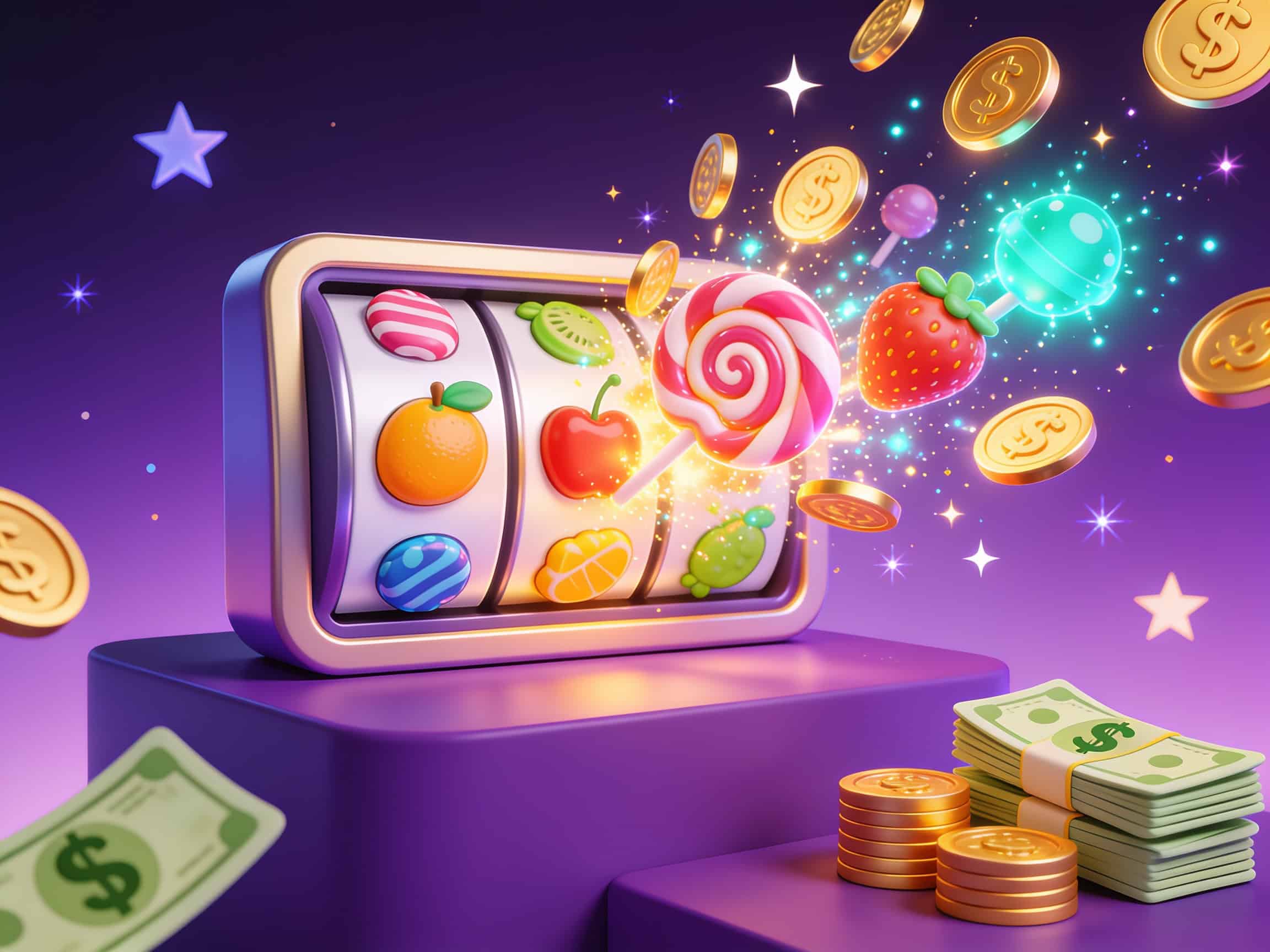 Illustration of a massive casino win on Sweet Bonanza 1000 — giant candy symbols and gold coins exploding on a deep violet background