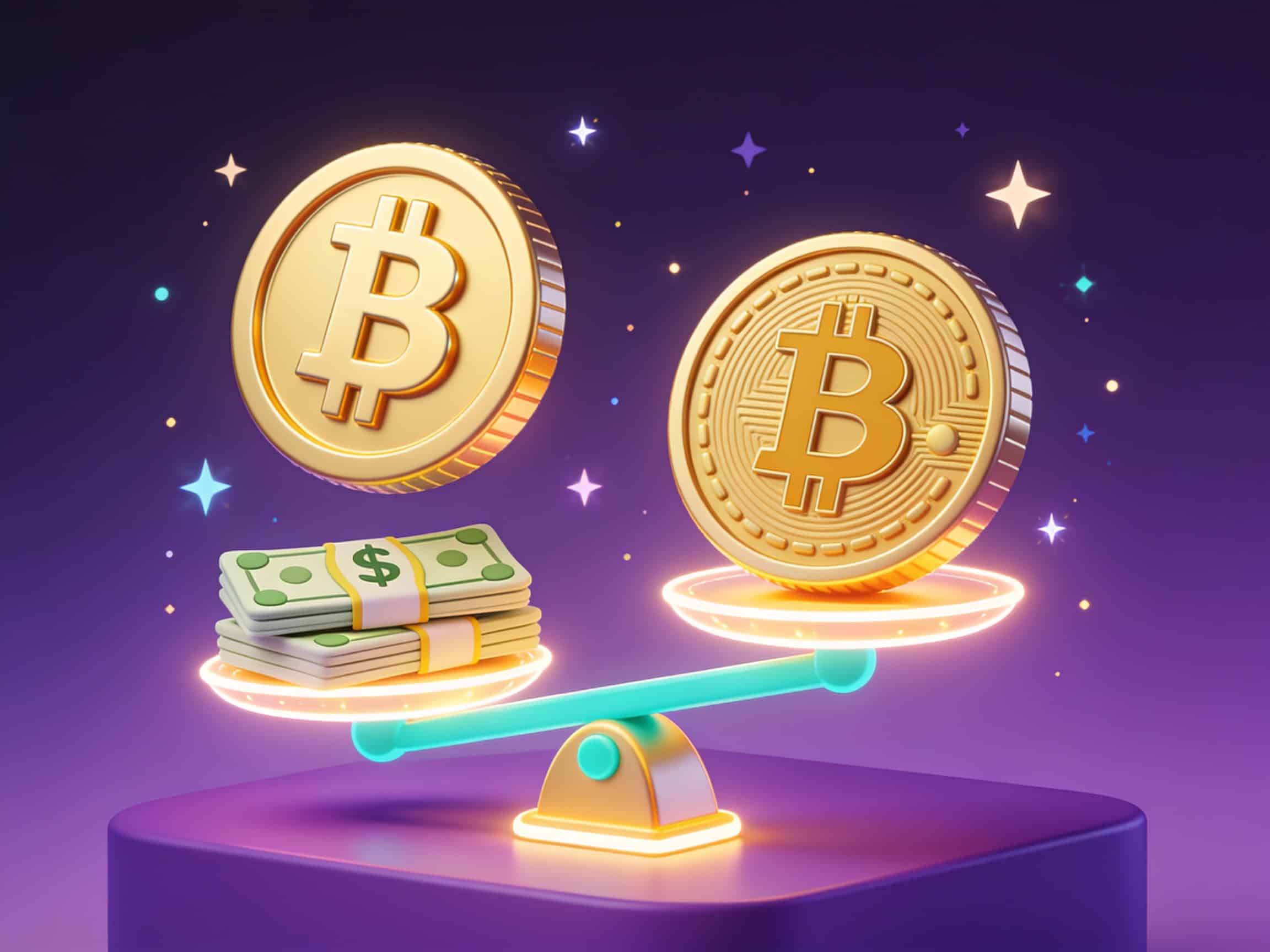 Illustration of Bitcoin and Ethereum coins on a scale next to stacks of dollar bills, representing crypto-to-USD win comparison difficulty