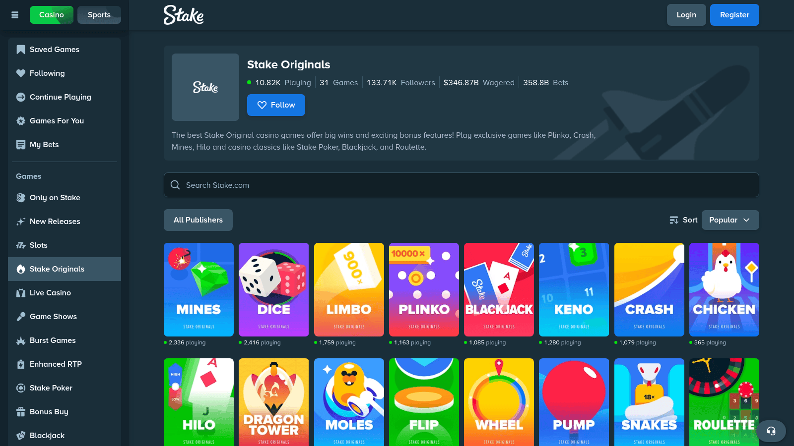 Stake.com casino Originals page displaying EasyGo exclusive high-volatility slot titles