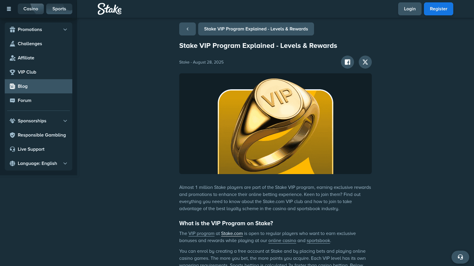 Stake.com VIP Club page showing tiered membership levels and high-roller benefits