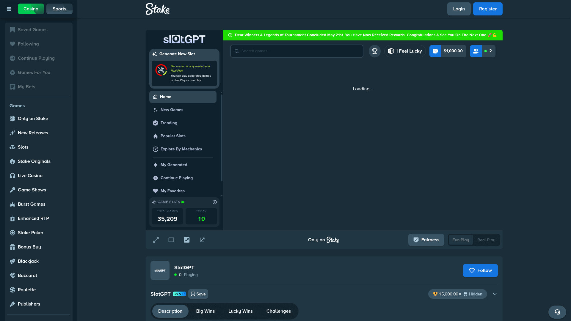 SlotGPT section on Stake.com casino library — AI slot creator interface 2025