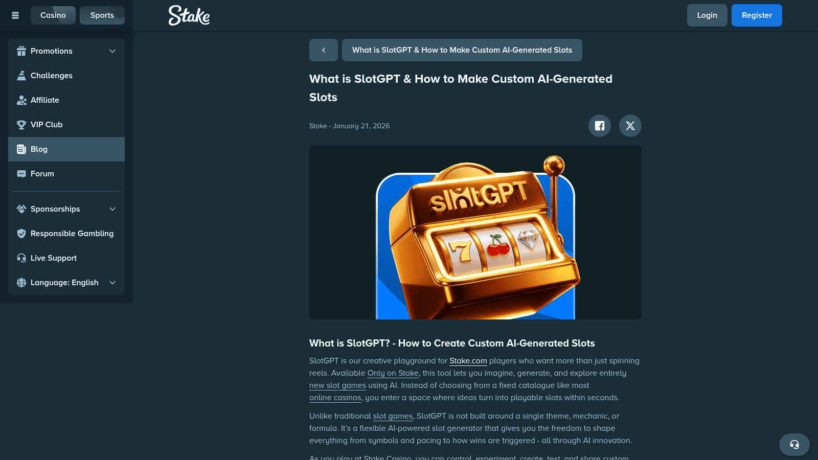 Interface principale SlotGPT sur Stake.com — catalogue des jeux créés par les joueurs