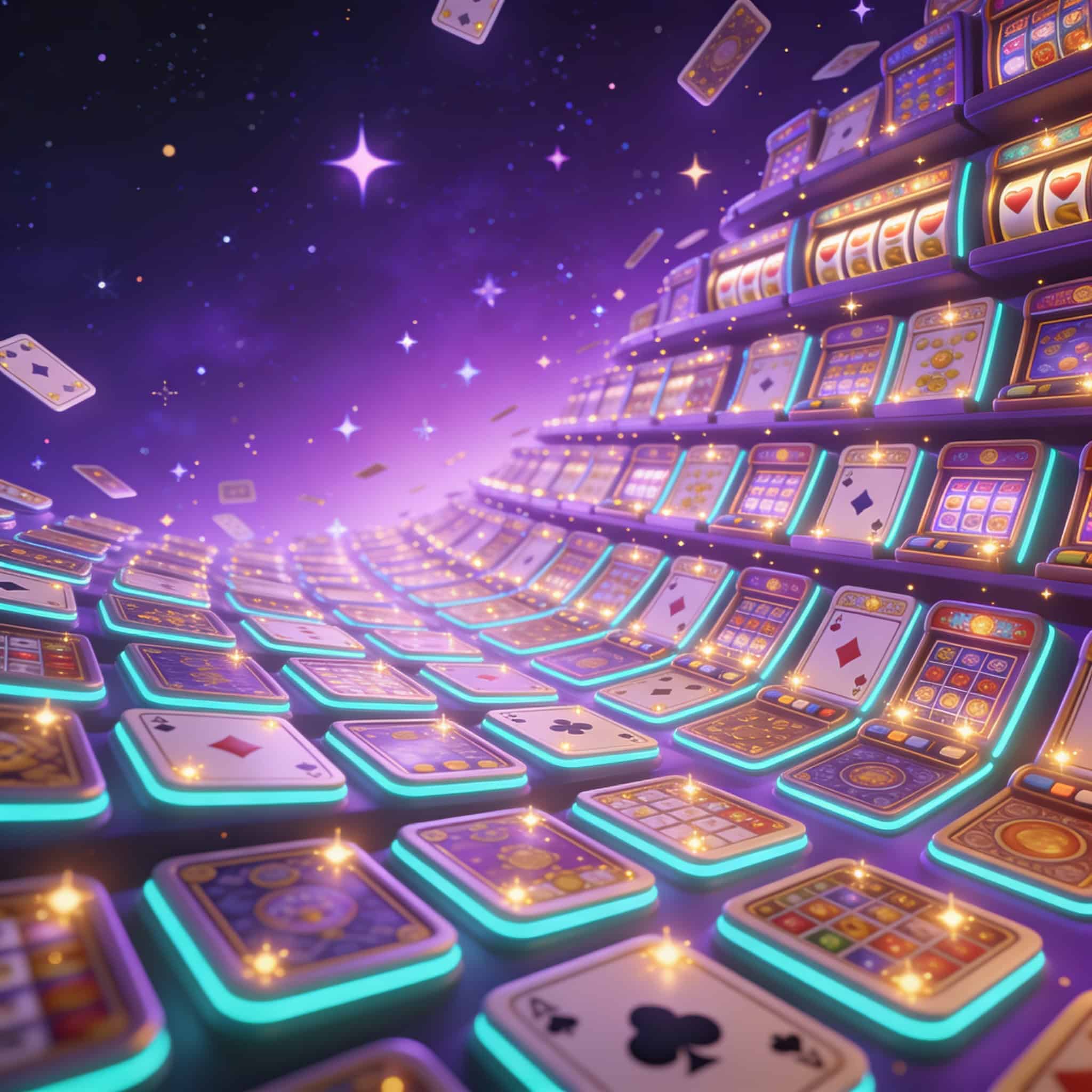 27,000 AI-generated slot games on Stake — cartoon library of glowing game cards