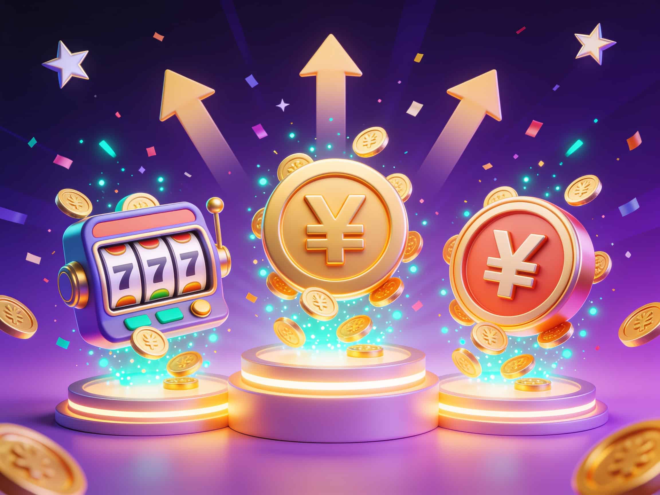 Illustration des trois slots records sur Stake Casino — Sweet Bonanza 1000, Gates of Olympus et Chaos Crew en style cartoon 3D