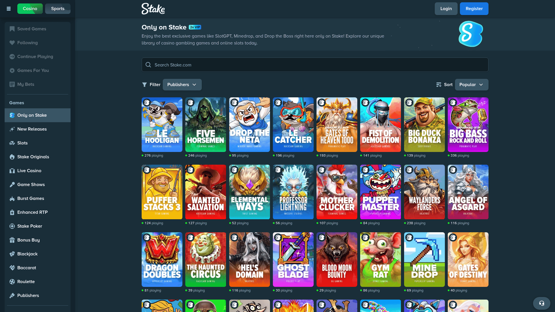 Stake Originals lobby — official game library on Stake.com showing original titles