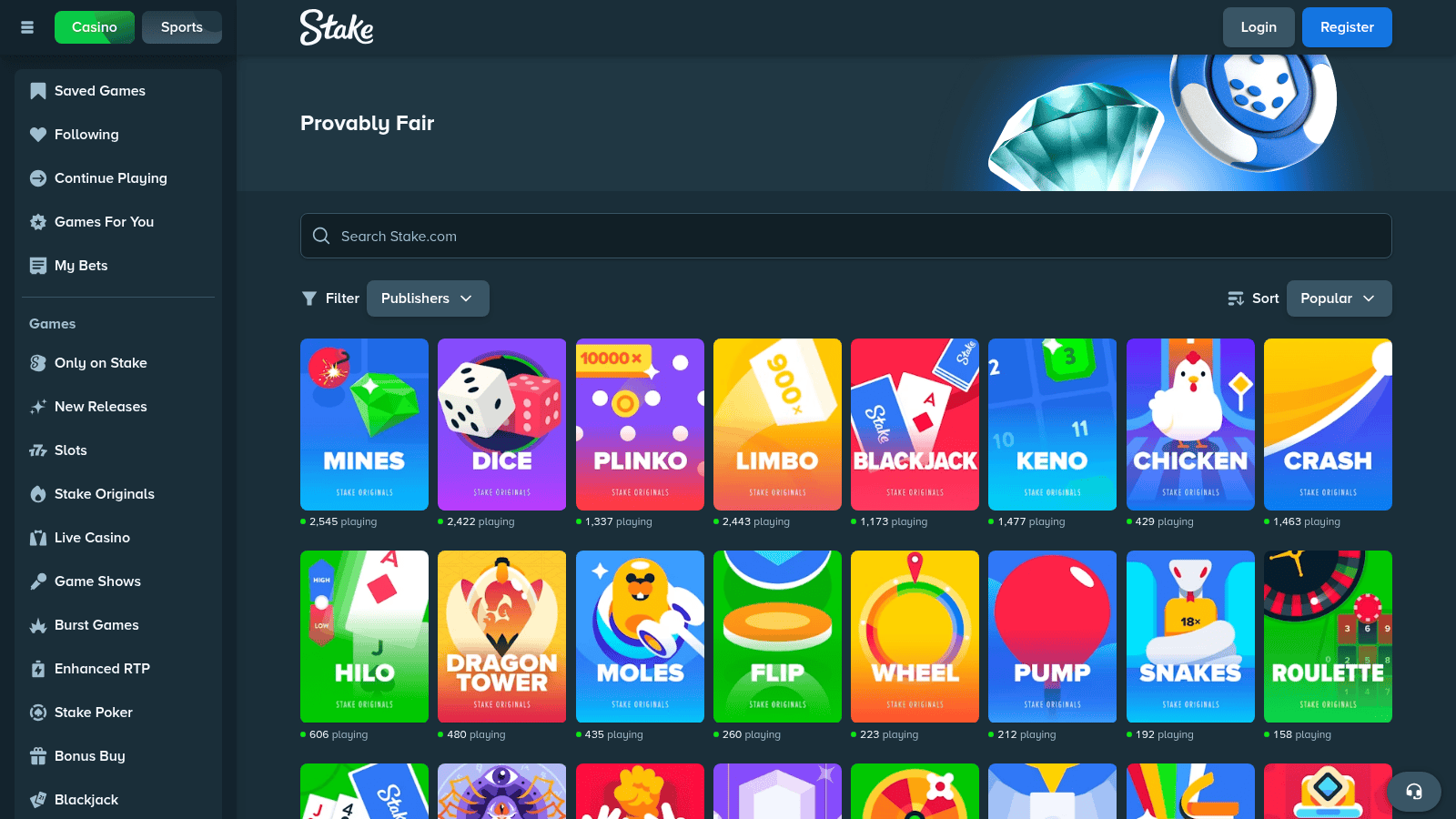 Stake.com Originals games page showing Plinko, Mines, Crash and other provably fair games