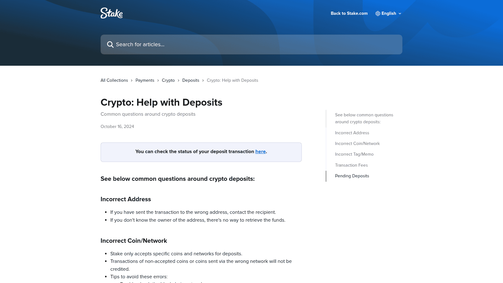 Stake.com deposit step-by-step interface showing cryptocurrency selection, network choice, and deposit address generation