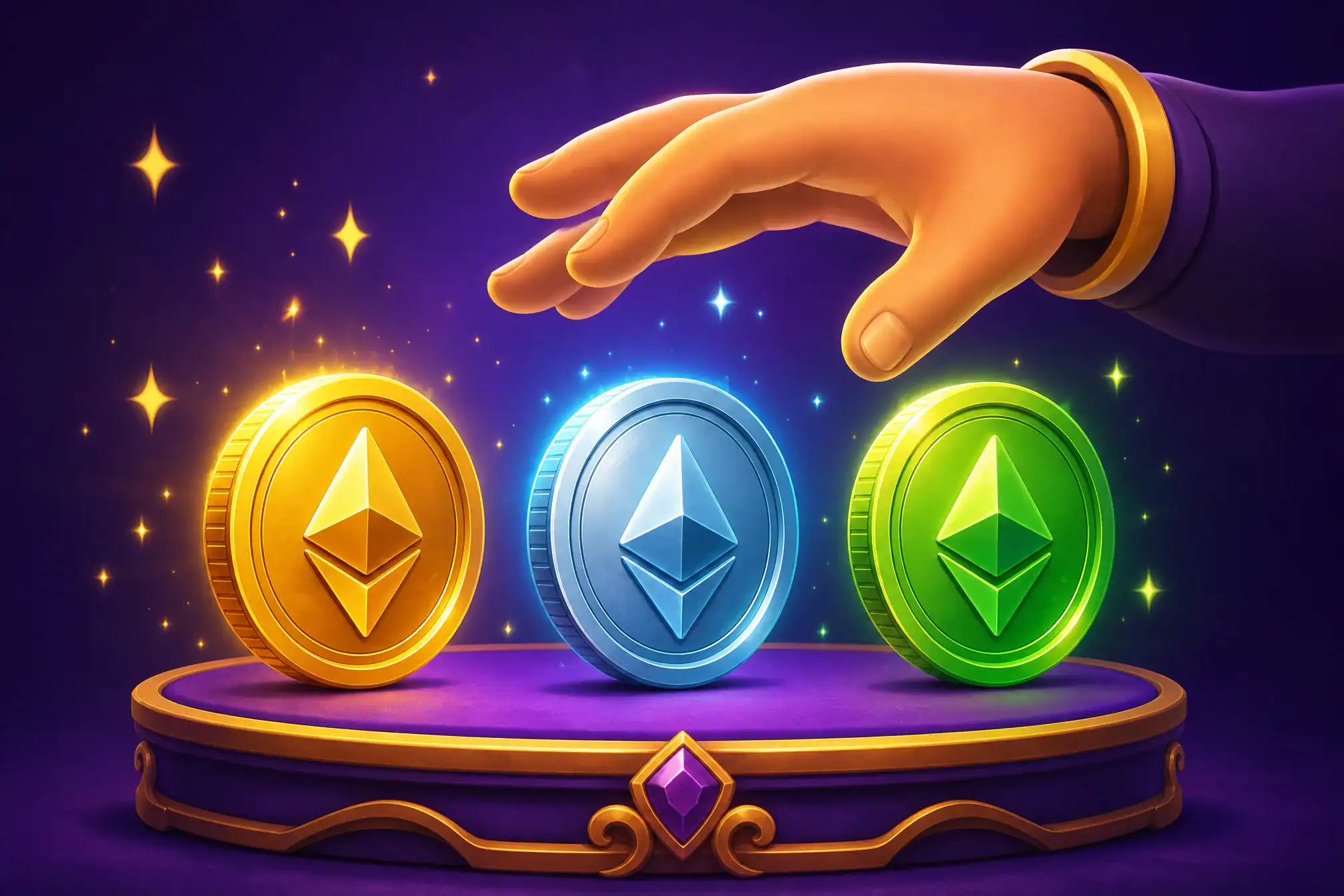 Illustration of a cartoon hand choosing between multiple glowing crypto coin tokens representing Bitcoin, Ethereum, and Solana for a first deposit