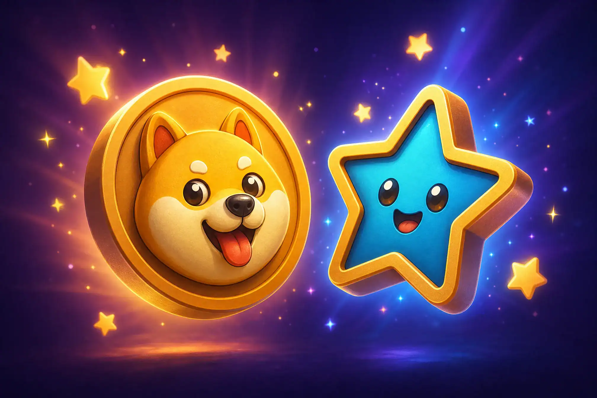 Illustration of meme coins SHIB and TRUMP as cartoon 3D tokens with sparkles on a deep violet background