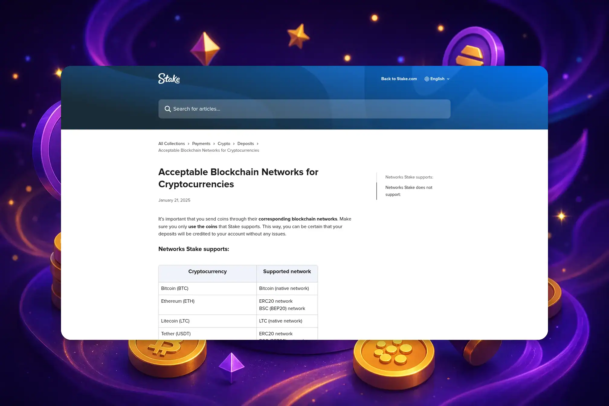 Stake.com deposit screen for USDC showing supported blockchain networks including ERC20, BEP20, Polygon, and Solana