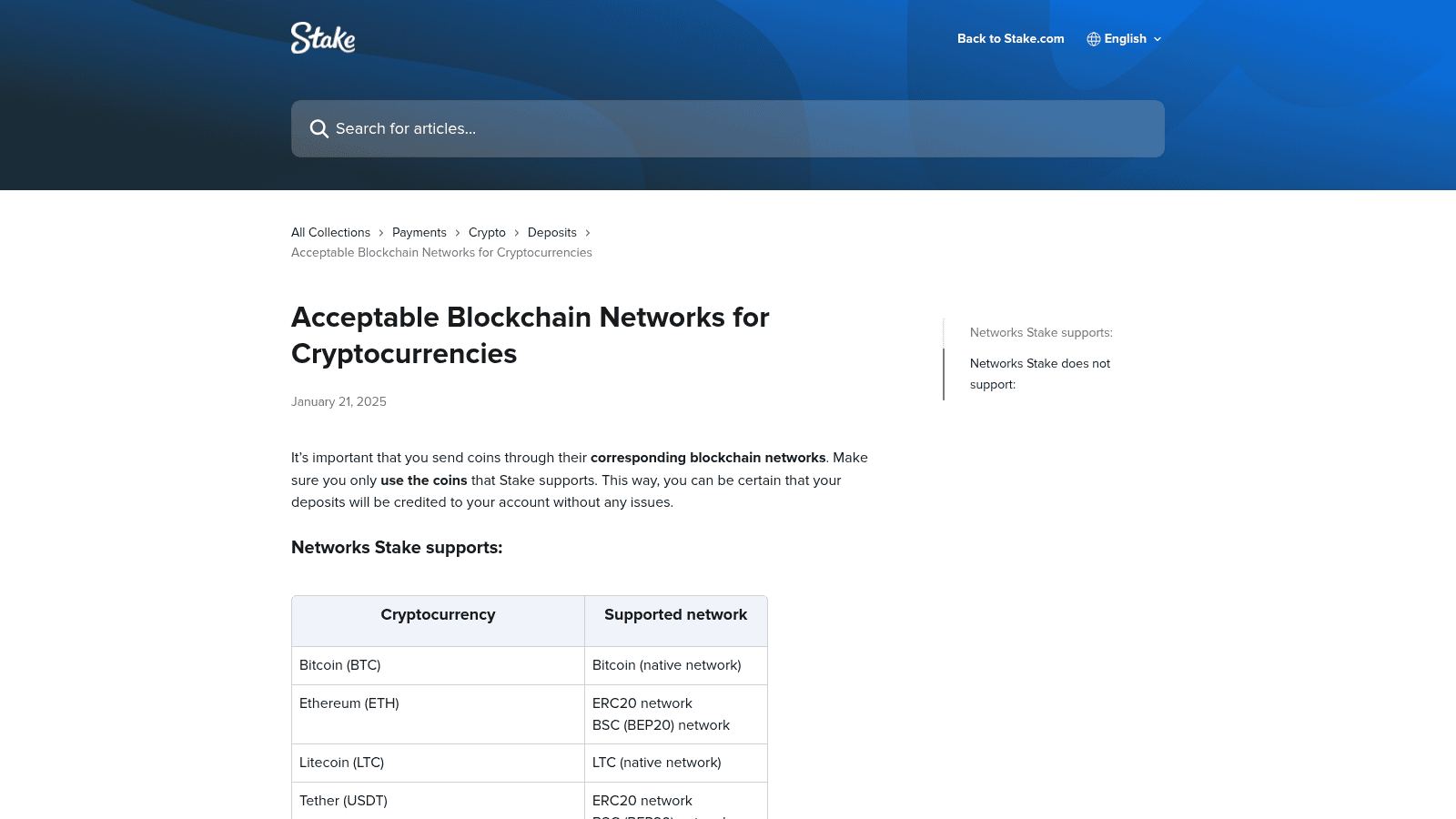Stake.com deposit screen showing blockchain network selection dropdown for USDT with ERC20, BEP20, Polygon, TRC20 and Solana options