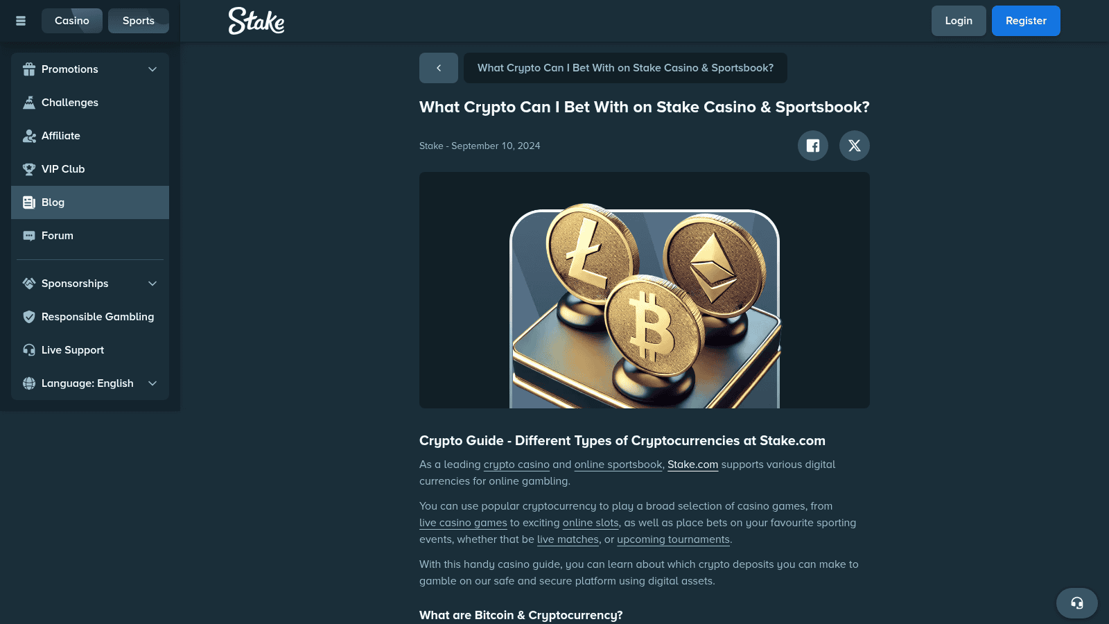 Stake.com wallet deposit page showing the full list of supported cryptocurrencies including BTC, ETH, USDT and more
