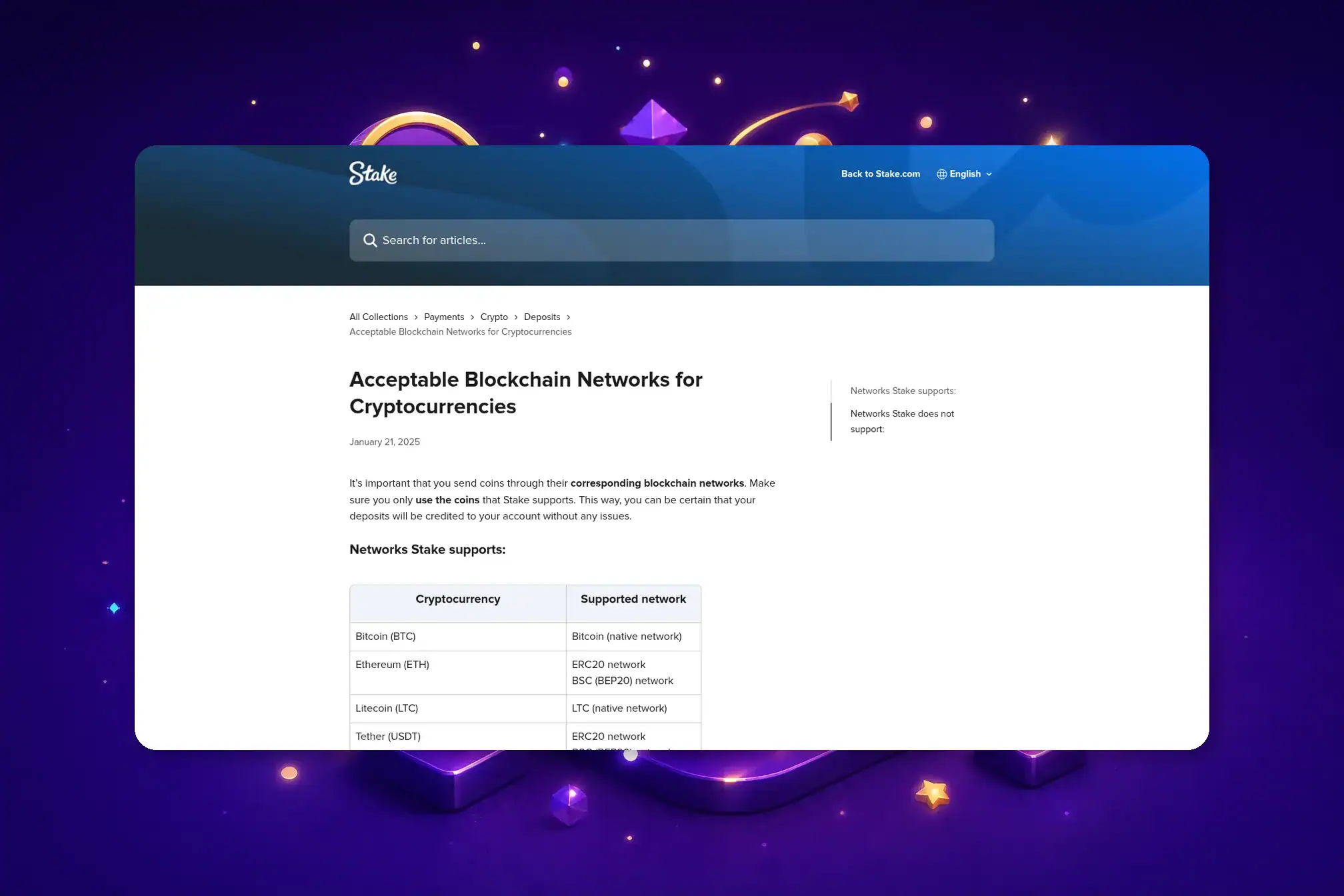Stake.com wallet deposit screen showing the full list of supported cryptocurrencies including Bitcoin, Ethereum, USDT, and Solana