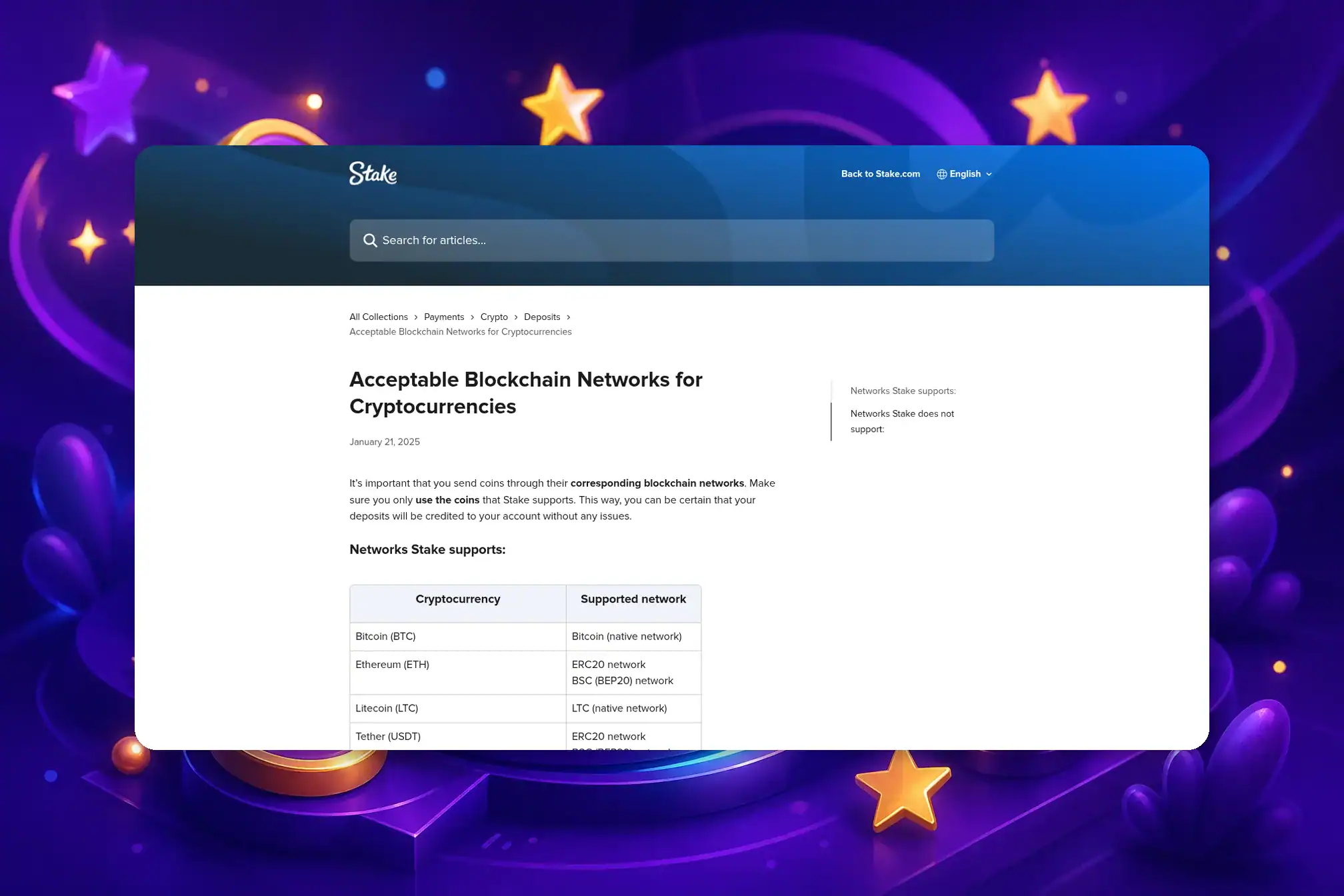 Stake.com wallet page showing all supported cryptocurrencies available for deposit and withdrawal in 2025