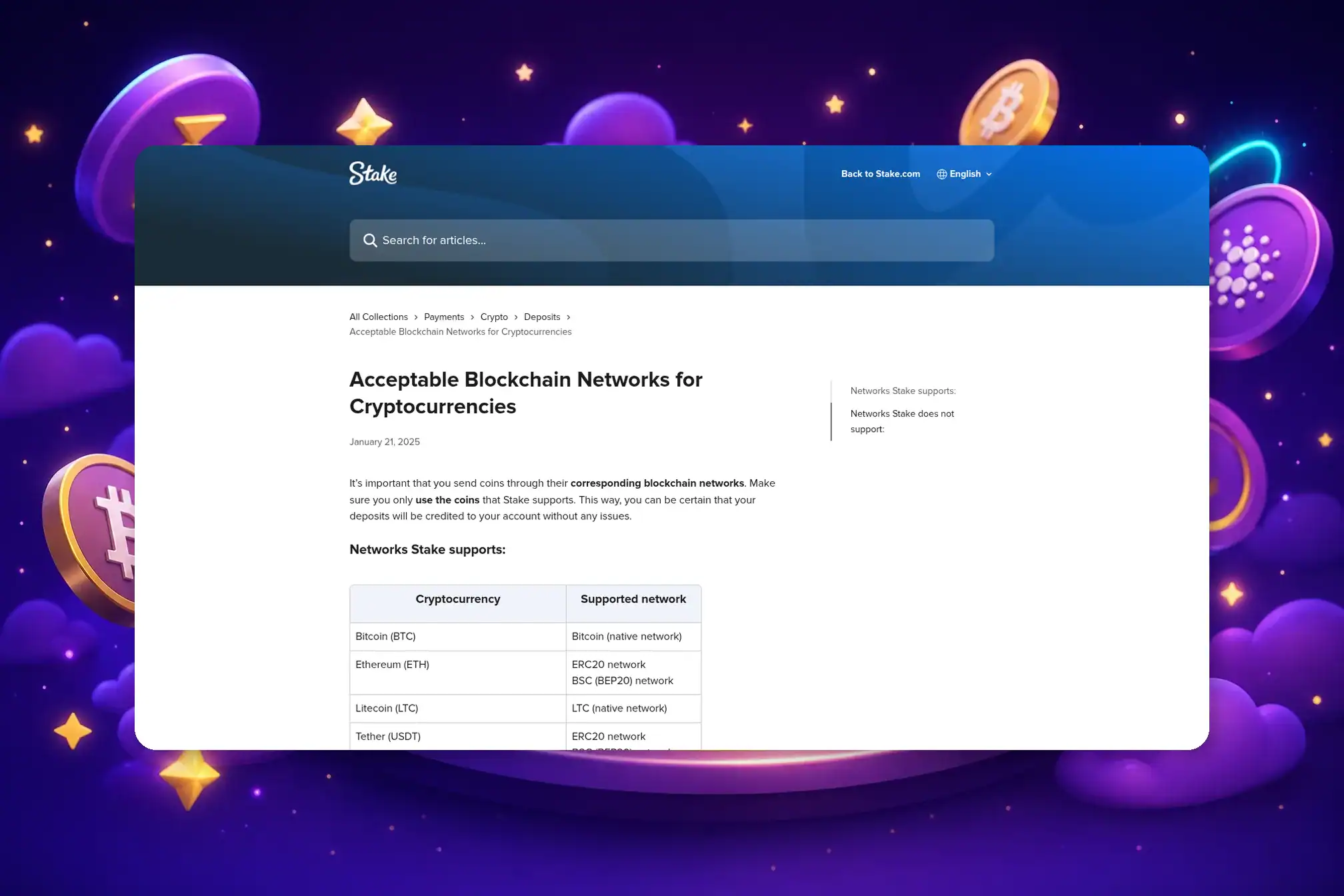Stake.com wallet withdrawal screen highlighting unsupported network warning and network selection options for crypto withdrawals
