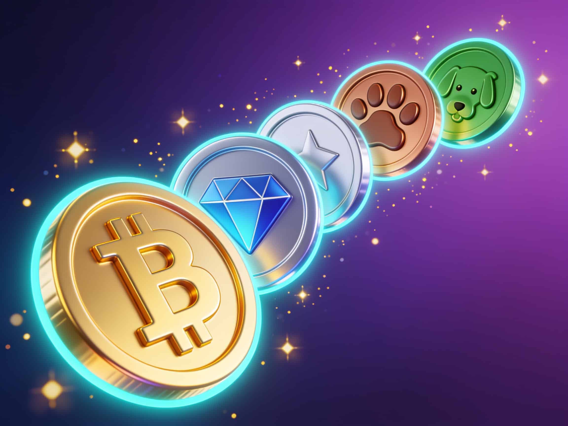 Illustration of major cryptocurrencies Bitcoin, Ethereum, Litecoin, Dogecoin and Bitcoin Cash as 3D cartoon coins on a purple background