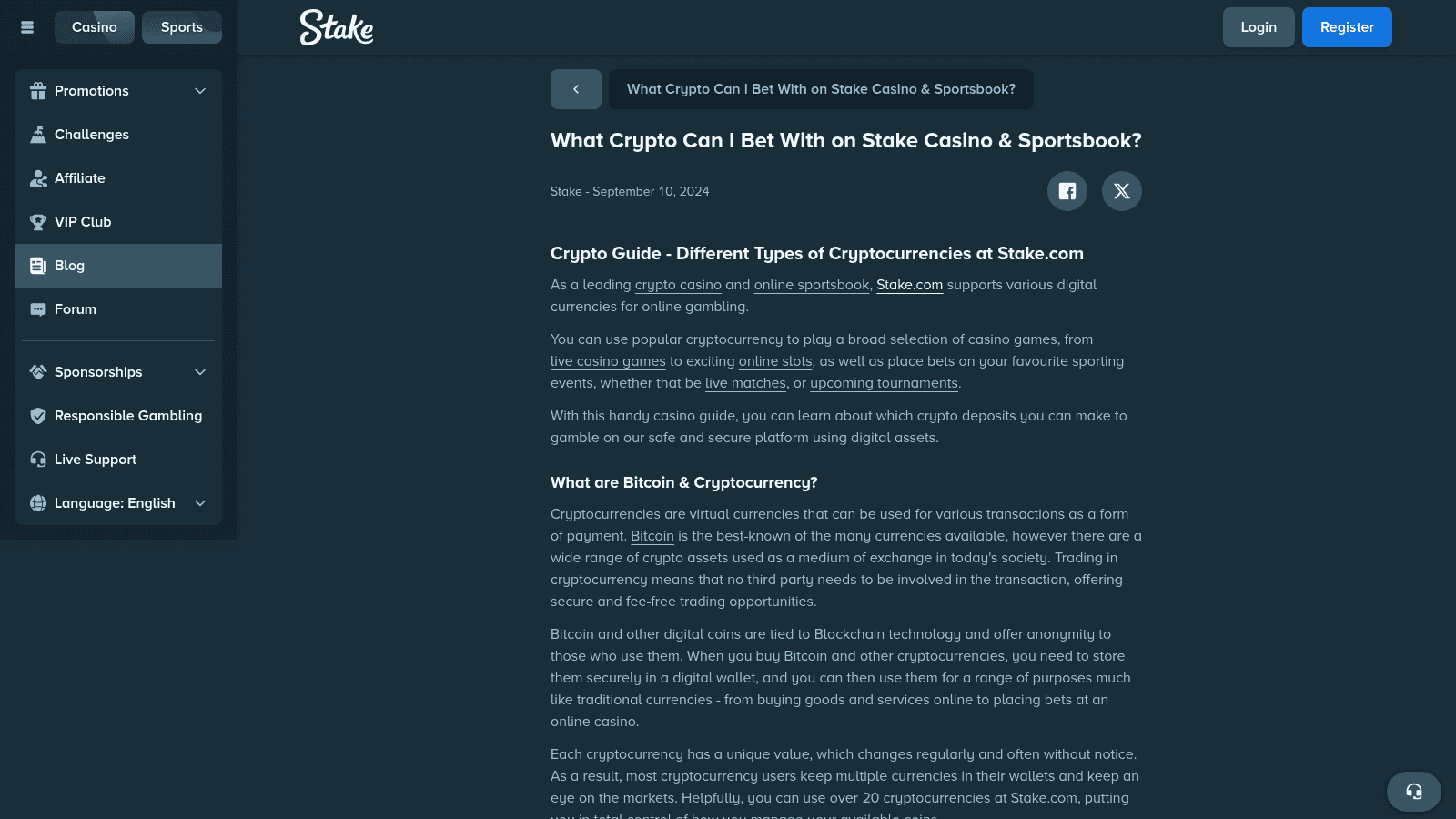 Stake.com wallet deposit screen showing the full list of supported cryptocurrencies in the coin dropdown